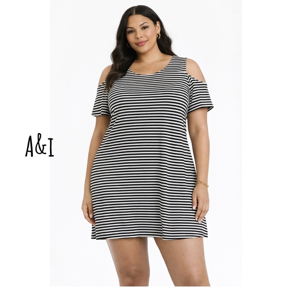 A&I Black white striped cold shoulder shift dress